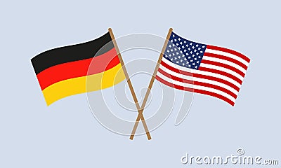 Germany and USA crossed flags on stick. German and American national symbols. Vector illustration Vector Illustration